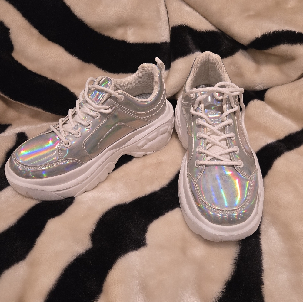 Chunky Hologram Silver Platform Sneakers.